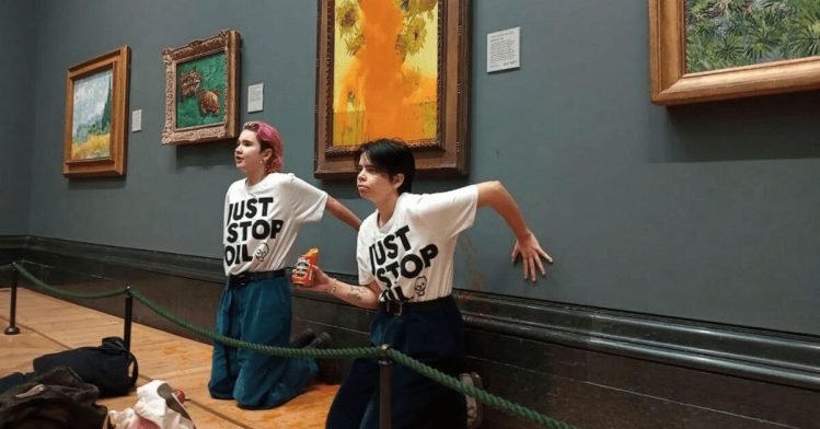Activists detained in London for dumping soup on a Van Gogh painting Van Gogh painting "sunflowers"